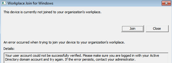 Schermopname van het dialoogvenster Workplace Join voor Windows. Tekst meldt dat er een fout is opgetreden tijdens accountverificatie.
