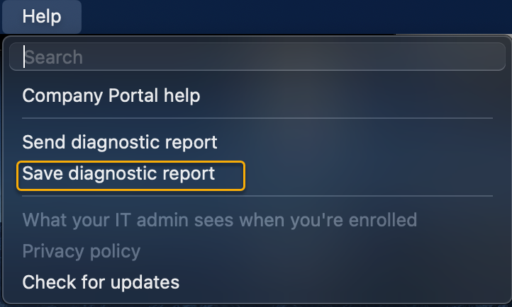 Schermopname die laat zien hoe u in het bovenste menu Help navigeert om het diagnostische rapport op te slaan.