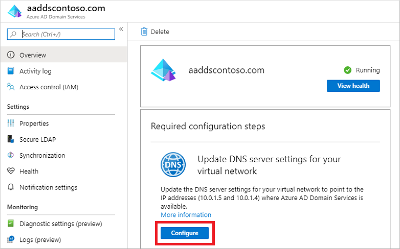 DNS-instellingen configureren voor uw virtuele netwerk met de IP-adressen van Microsoft Entra Domain Services