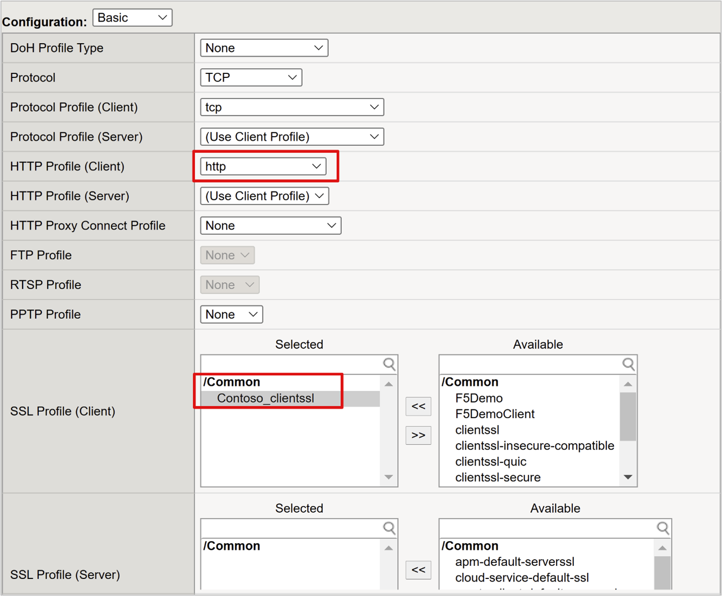 Schermopname van de opties http-profielclient en SSL-profielclient.