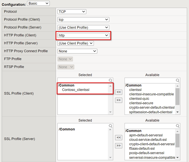 Schermopname van vermeldingen voor http-profielclient en SSL-profielclient.