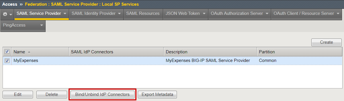 Schermopname van de optie Binding unbind IdP Connectors in SAML Service Provider on Local SP Services.