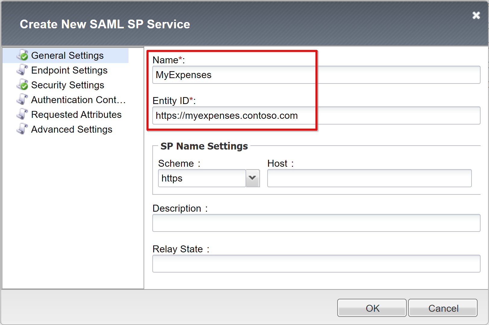 Schermopname van vermeldingen voor naam en entiteits-id in Create New SAML SP Service.