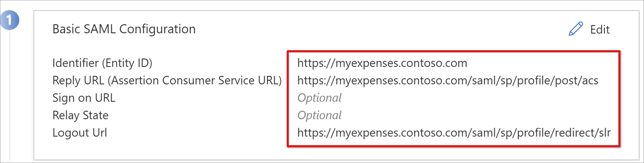 Schermopname van URL-vermeldingen in standaard SAML-configuratie.