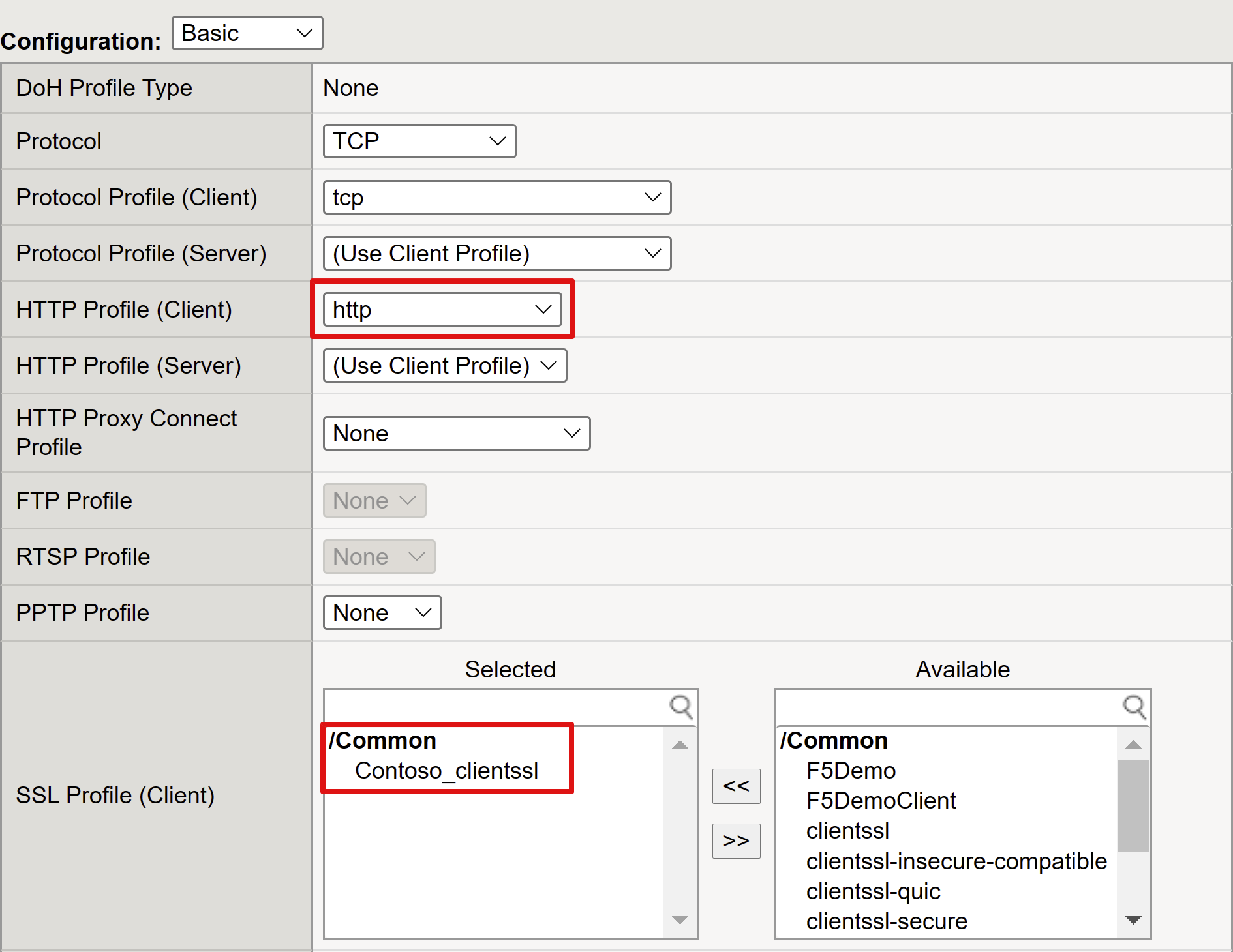 Schermopname van HTTP-profiel- en SSL-profielvermeldingen voor client.