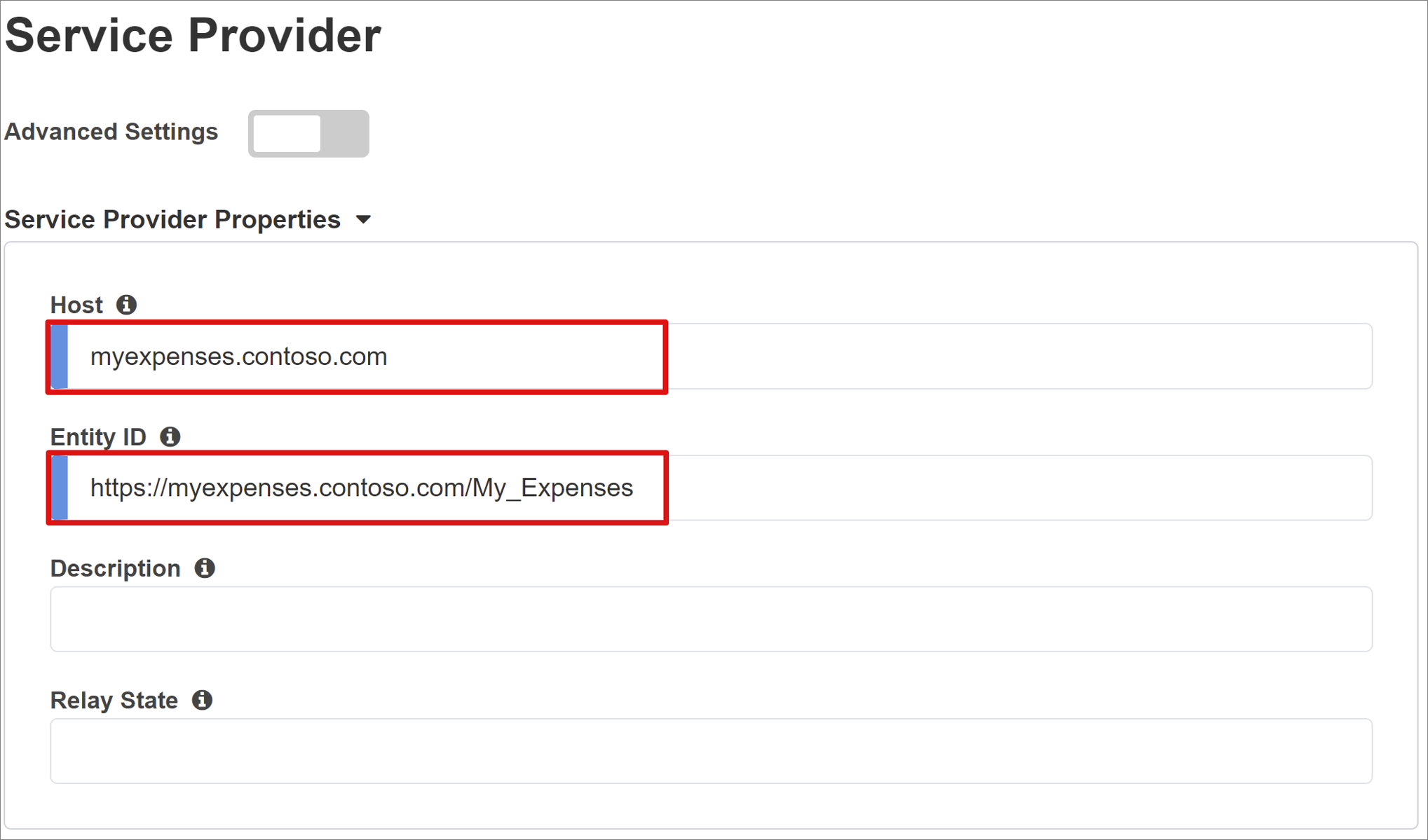 Schermopname van vermeldingen voor host- en entiteits-id's in Serviceprovider.