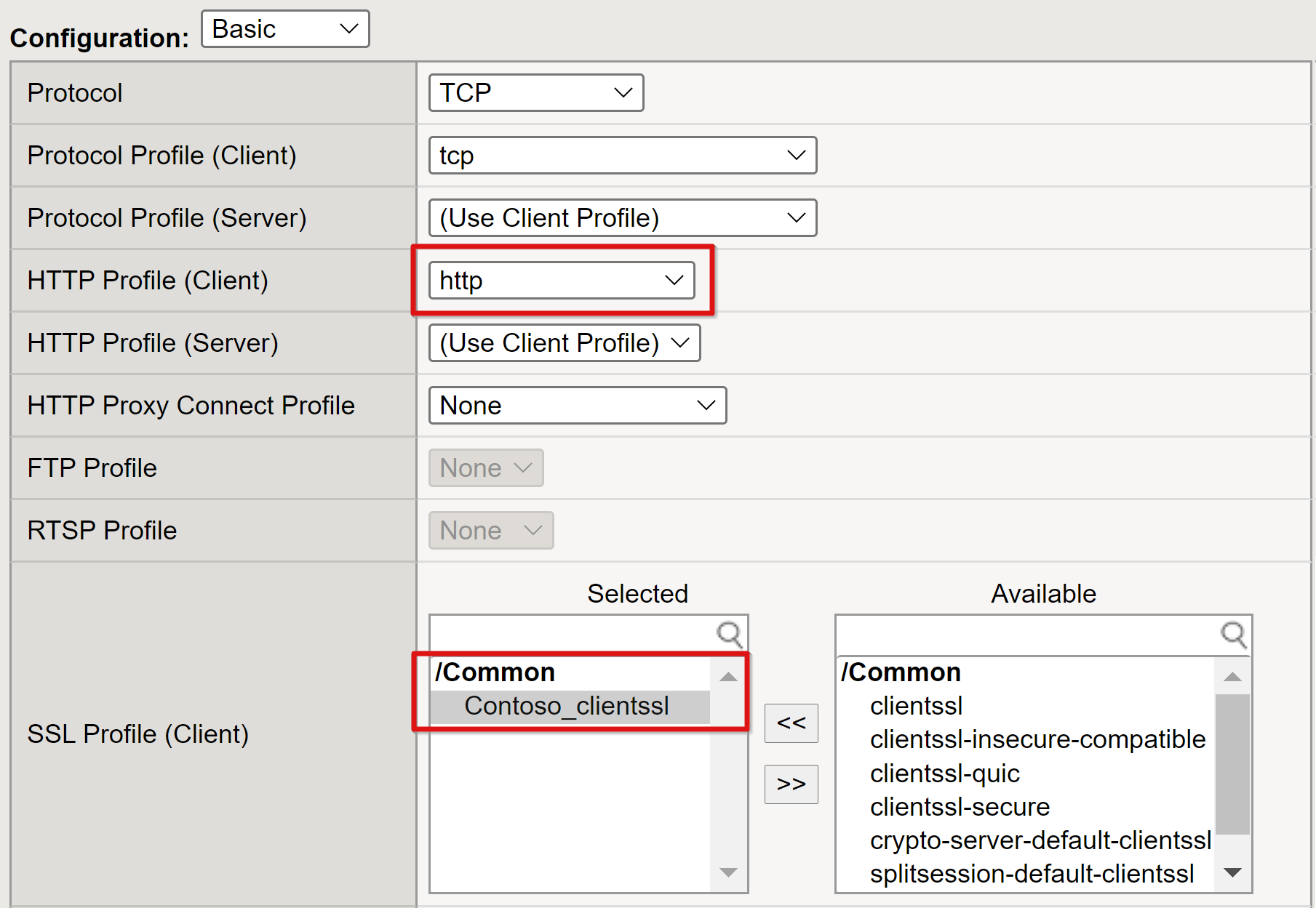 Schermopname van http-profielvermelding voor client en geselecteerde vermeldingen voor SSL-profiel voor client.