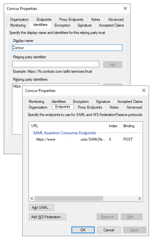 Schermopname van het deelvenster AD FS SAML-configuraties.