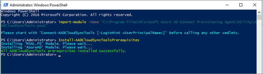 schermopname van de melding in het PowerShell-venster waarin staat dat de vereisten zijn geïnstalleerd.