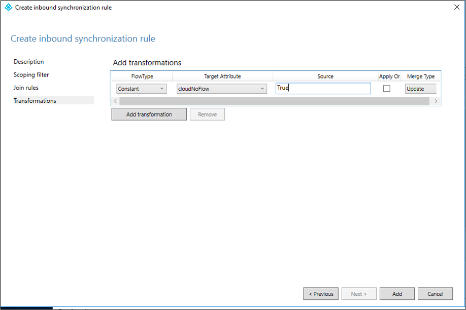 Schermopname van de pagina Binnenkomende synchronisatie maken - Transformaties met een constante transformatiestroom toegevoegd.