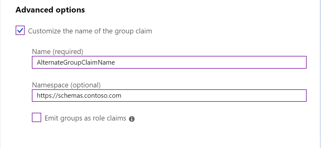 Schermopname met geavanceerde opties, met de optie voor het aanpassen van de naam van de groepsclaim geselecteerd en de waarden voor naam en naamruimte ingevoerd.