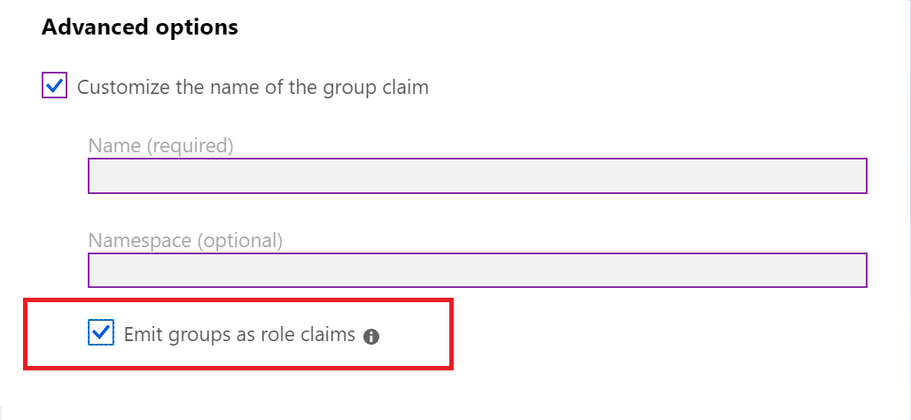 Schermopname met geavanceerde opties, met de selectievakjes ingeschakeld voor het aanpassen van de naam van de groepsclaim en het verwijderen van groepen als rolclaims.