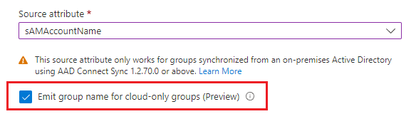 Schermopname van de configuratie voor het verzenden van een on-premises groepskenmerk voor gesynchroniseerde groepen en de weergavenaam voor cloudgroepen.