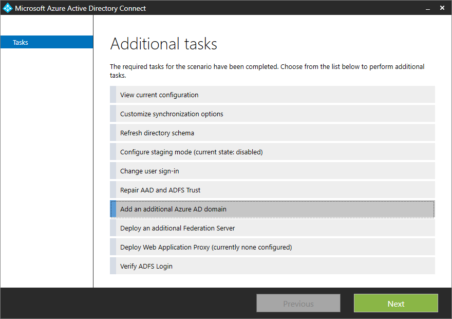 Schermopname van het deelvenster Aanvullende taken voor het selecteren van Een extra Microsoft Entra-domein toevoegen.