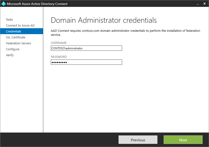 Schermopname van de pagina Verbinding maken met Microsoft Entra ID, met voorbeeldreferenties ingevoerd.