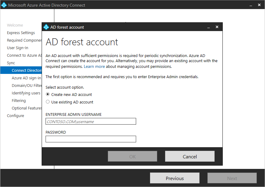 Schermopname van de pagina Verbinding maken met directory en het venster A D-forestaccount, waar u een nieuw account kunt maken of een bestaand account kunt gebruiken.