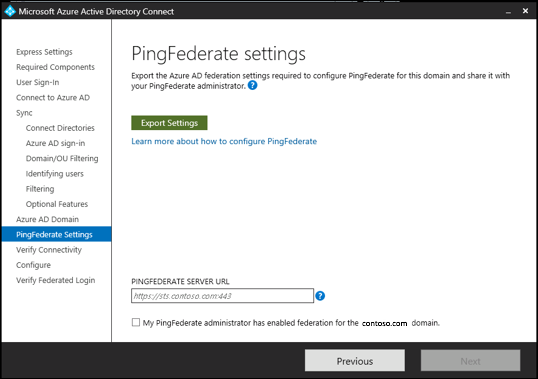 Schermopname van de pagina PingFederate-instellingen. De knop Instellingen exporteren wordt boven aan de pagina weergegeven.