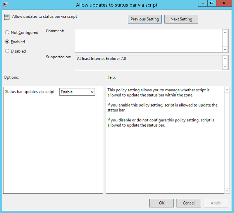Schermopname die de optie toont om updates aan de statusbalk via het scriptvenster toe te staan, met de beleidsinstelling ingeschakeld.