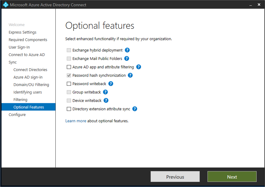 Schermopname van de pagina Optionele functies in Microsoft Entra Connect