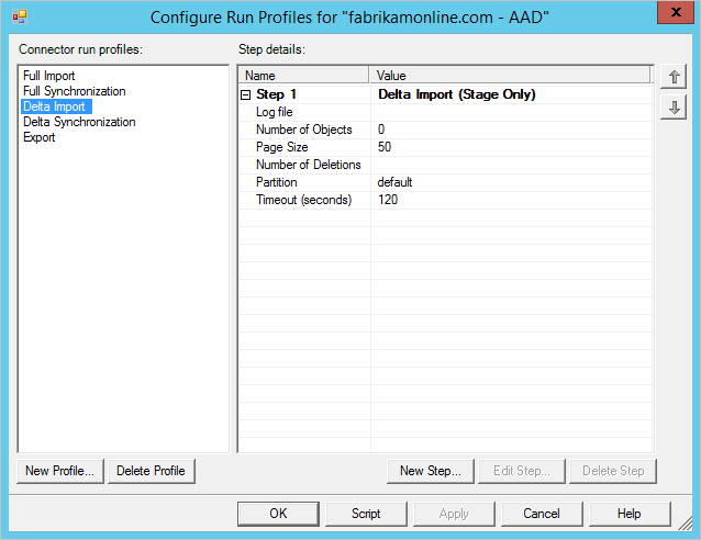 Schermopname van het venster Profielen uitvoeren configureren met Delta-import geselecteerd.