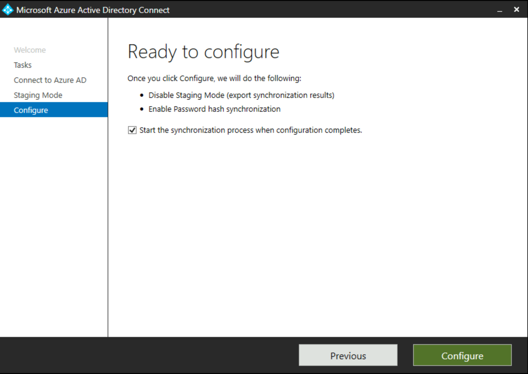 Schermopname toont het Gereed om te configureren-scherm in het Staging Microsoft Entra Connect-dialoogvenster.