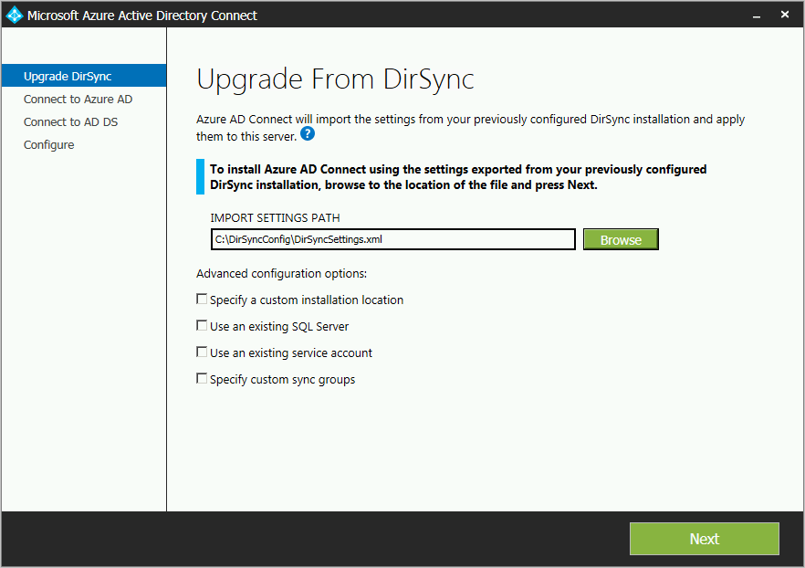 Schermopname van de geavanceerde configuratieopties voor het upgraden van DirSync.