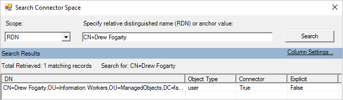 Screenshot of a connector space search