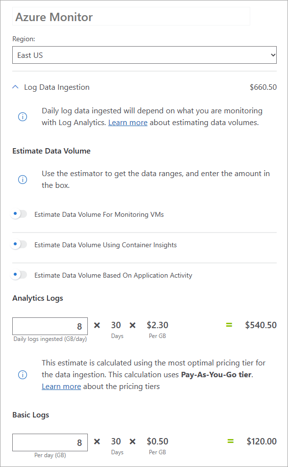 Schermopname van de Azure-prijscalculator, waarbij 8 GB/dag als voorbeeld wordt gebruikt.