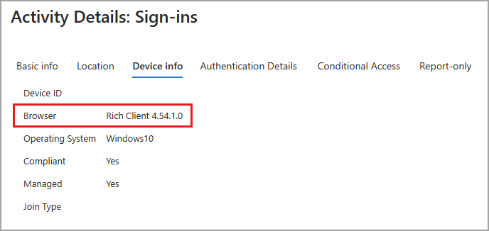 Schermopname van de details van de aanmeldingsactiviteit met een voorbeeld van een Rich Client-browser gemarkeerd.