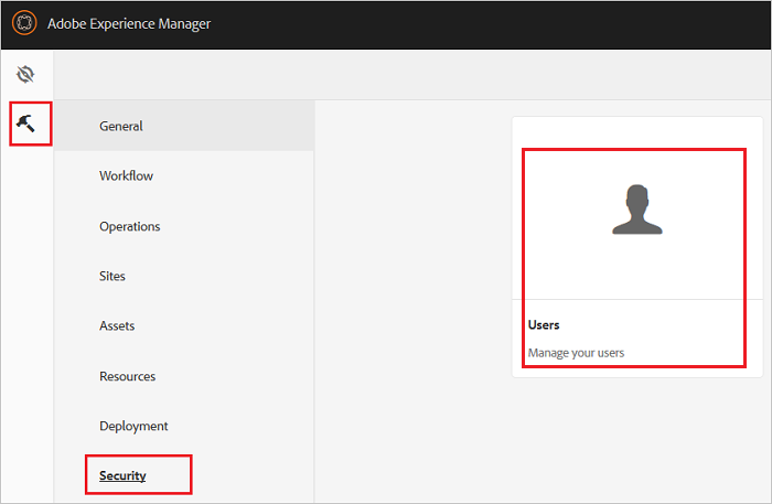 Schermopname toont de gebruikerstegel in Adobe Experience Manager.