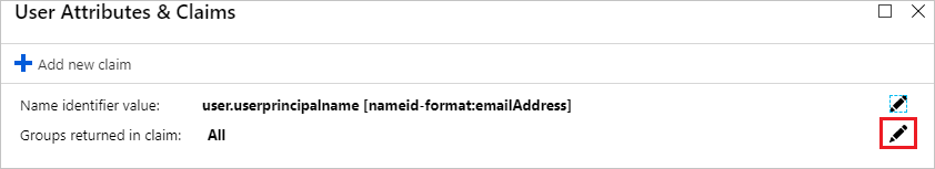 Schermopname van User Attributes & Claims (Gebruikerskenmerken en claims) met pictogram voor Groups returned in claim (In claim geretourneerde groepen) geselecteerd.