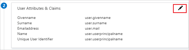 Schermopname van User Attributes & Claims (Gebruikerskenmerken en claims) met standaardwaarden zoals Givenname user.givenname en Emailaddress user.mail.