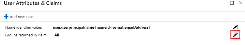 Schermopname van User Attributes & Claims (Gebruikerskenmerken en claims) met pen naast Groups returned in claim (In claim geretourneerde groepen) geselecteerd.