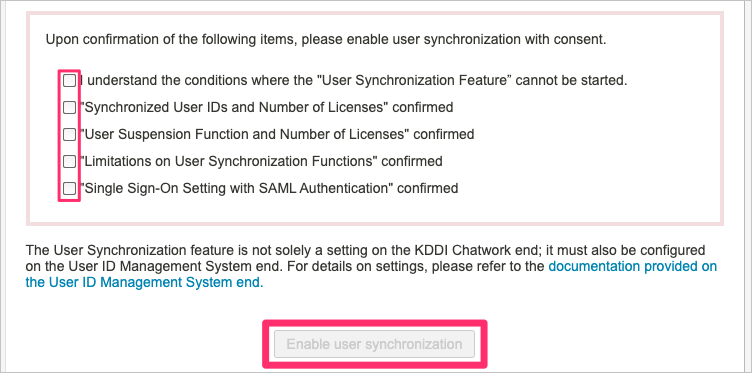 De verschillende items accepteren en de knop gebruikerssynchronisatie inschakelen