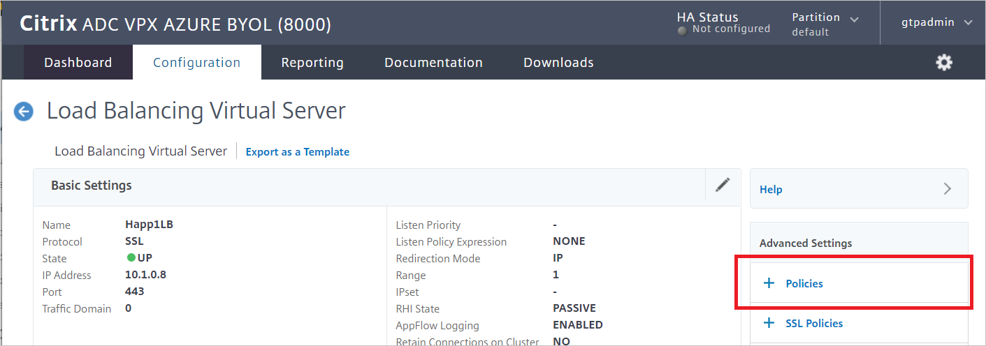 Schermopname van Citrix ADC SAML Connector for Microsoft Entra configuration - Load Balancing Virtual Server pane.