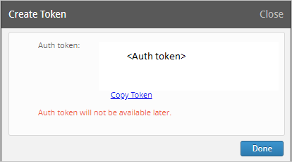 Schermopname van de pagina Token maken in de Druva-beheerconsole. Er is een koppeling met het label Copy Token beschikbaar voor het kopiëren van de waarde van het verificatietoken.