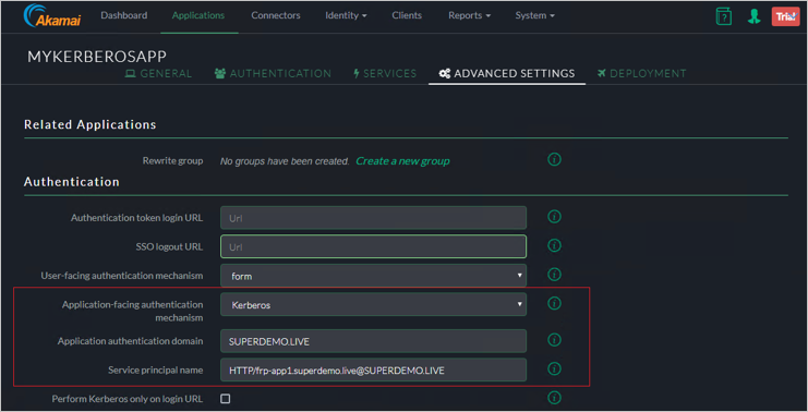 Schermopname van het tabblad Advanced Settings in de Akamai EAA-console voor MYKERBOROSAPP met instellingen voor Related Applications en Authentication.