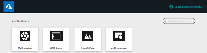 Schermopname van een venster Applications met pictogrammen voor MyHeaderApp, SSH Secure, SecretRDPApp en myKerberosApp.