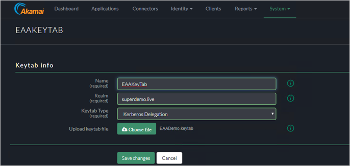 Schermopname van het venster EAAKEYTAB in de Akamai EAA-console met de instellingen voor Keytab. Keytab Type is ingesteld op Kerberos Delegation.