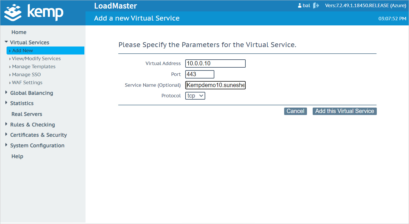 Schermopname van de pagina Geef de parameters voor de virtuele service op, met voorbeeldwaarden in de vakken.