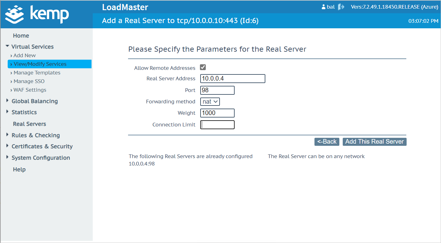 Schermopname van de pagina Geef de parameters voor de echte server op, met voorbeeldwaarden in de vakken.