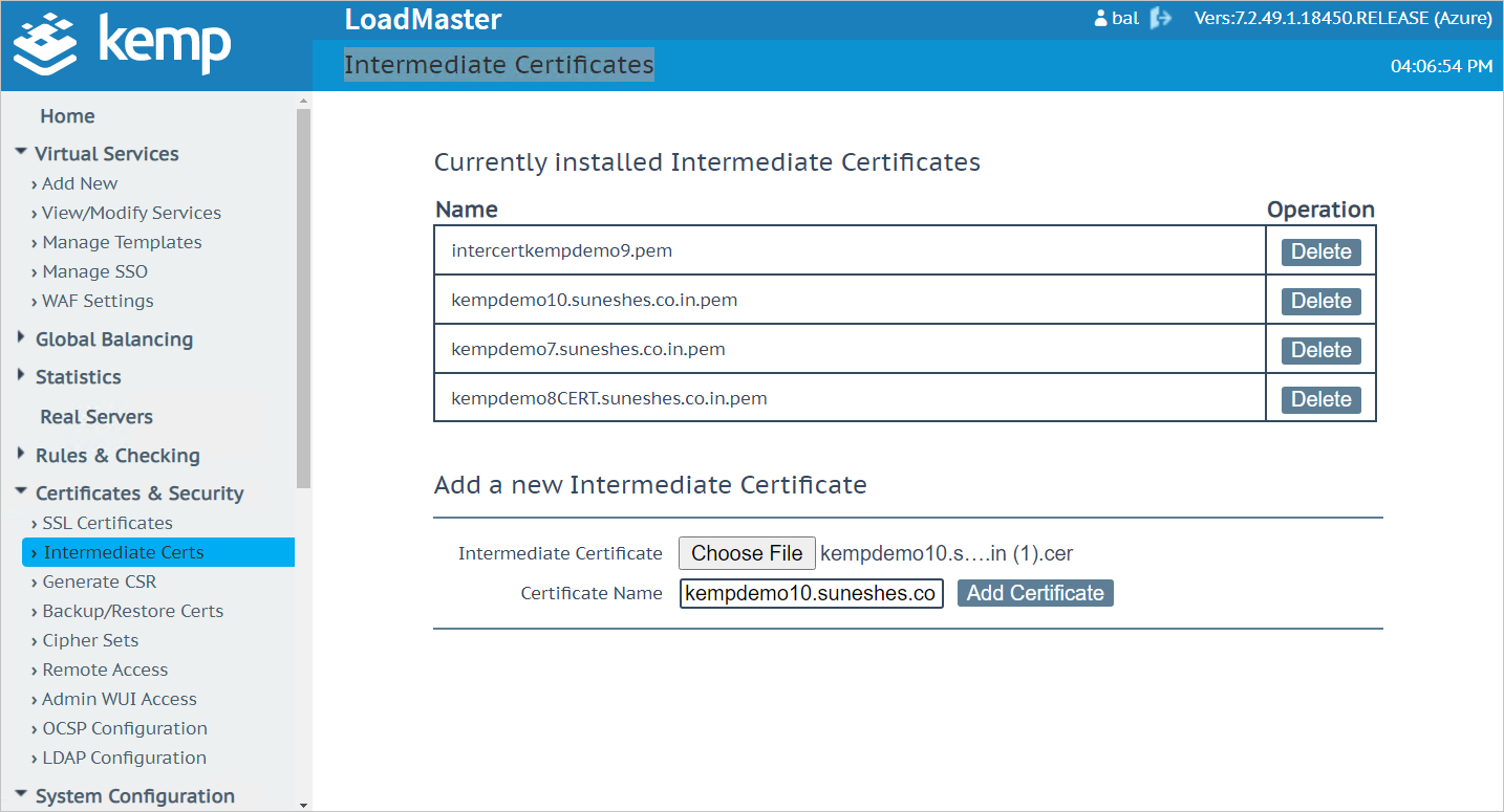 Schermopname van de sectie Momenteel geïnstalleerde tussenliggende certificaten, met een voorbeeldcertificaat geselecteerd.