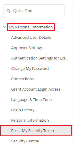 Schermopname met Reset My Security Token geselecteerd in My Personal Information.