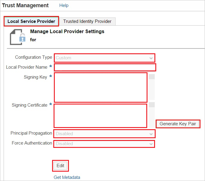 Schermopname van de sectie Vertrouwensbeheer met het tabblad Lokale serviceprovider geselecteerd en alle tekstvakken gemarkeerd.