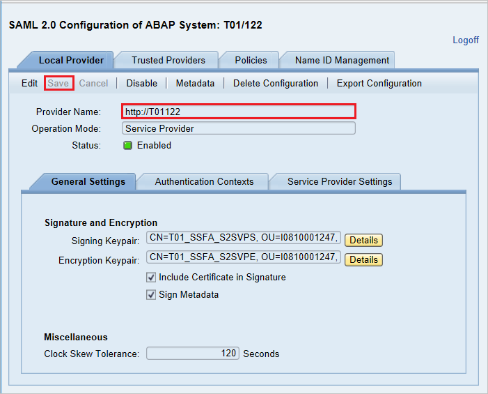 De bijgewerkte providernaam in de SAML 2.0-configuratie van het ABAP-systeem T01/122-pagina in SAP