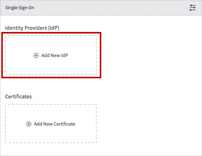 Schermopname van het dialoogvenster Single Sign-On, met Add New IdP gemarkeerd