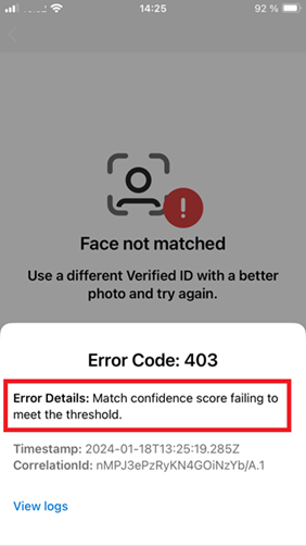Schermopname van lage betrouwbaarheidsscore in Face Check.