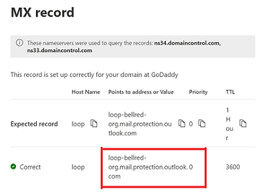 The screen displaying the MX record value for the chosen domain.