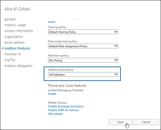 Address book policy settings for a mailbox in the EAC at Recipients > select mailbox > Edit > Mailbox features.