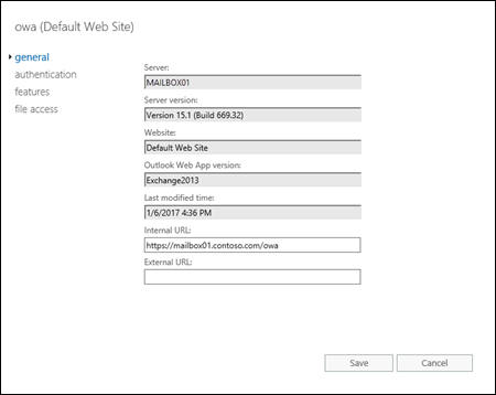 The General tab in the properties of the Outlook on the web virtual directory in the EAC.